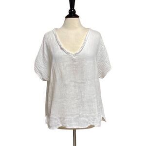 White Short Sleeve Frayed Neck Top One Size